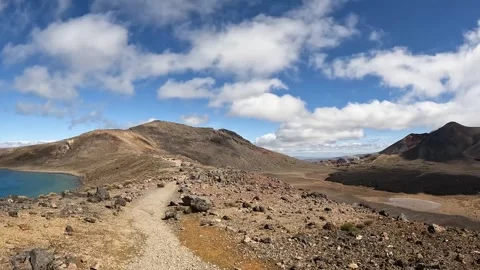 Hiking Trail between Blue Lake and Mount Ngauruhoe Volcanic Landscape, Tong.. Stock-Footage 285353908