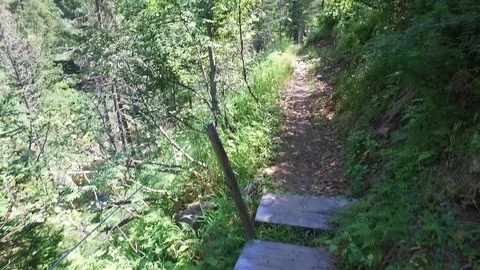 Hiking on the trail in the forest. View from the top to the mountain river. A 스톡 동영상 128410554