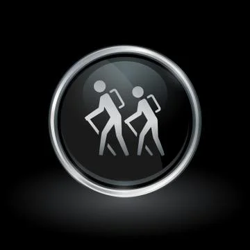Hiking trail icon inside round silver and black emblem Stock Illustration