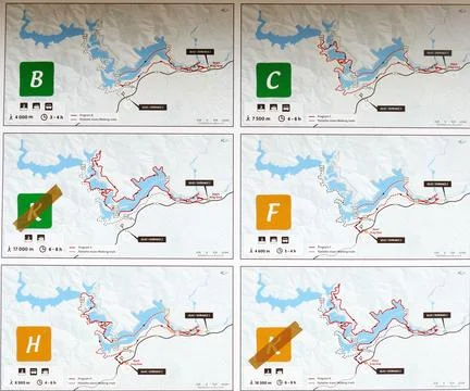 Hiking trail map showing different hiking routes Stock Photos