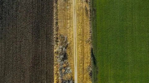 A hiking trail runs parallel to fields 库存照片