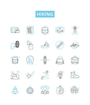Hiking vector line icons set. Hiking, Trail, Walking, Trekking, Path, Natural Ilustración de archivo