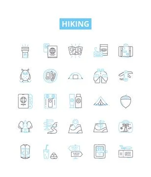 Hiking vector line icons set. Hiking, Trail, Walking, Trekking, Path, Natural Ilustración de archivo