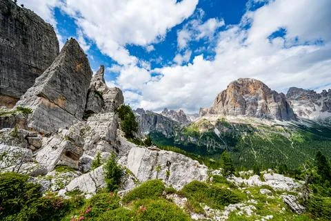 A hiking view to Cinque Torri Stock Photos