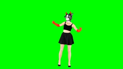 Hilarious Girl Dancing Wearing a Scary Halloween Cat Devil Costume Green Screen Stock Footage