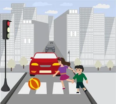 Hildren ran on road, when was red traffic light. Stock Illustration