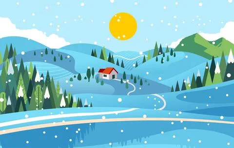Hill and forest in winter time, a house in the middle of tree and snowfall fl Stock Illustration