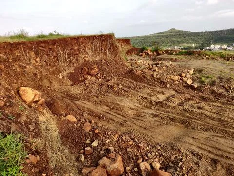 Hill cutting Environmental consequences of hill cutting are land slide, soil Stock Photos