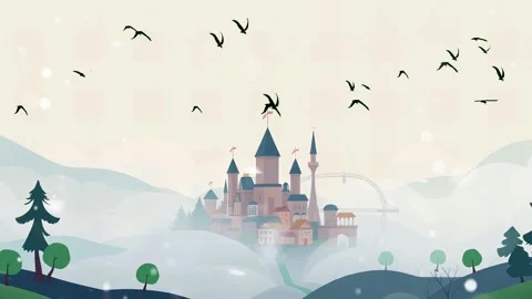 Hill Side Sky: Castle Under Cloudy Winter Cartoon Bird View Stock Footage 307979262