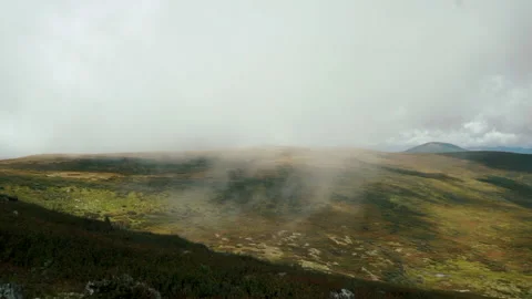 Hill top of mountain in clouds. Aerial flight of beautiful valley region Stock Footage 200780308