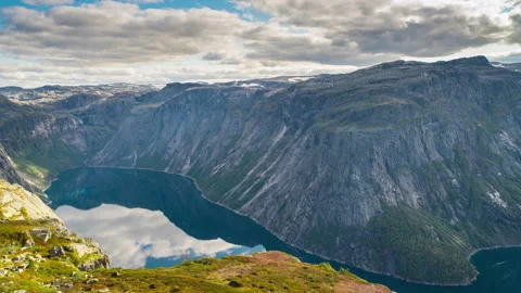 Up-hill view time lapse panoramic view of moutain landscape and lake Stock Footage 140349898