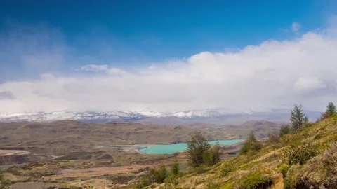 Up-hill view time lapse panoramic view of moutain landscape and running snow Stock Footage 140350029