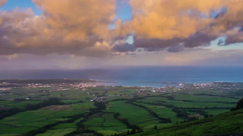 Up-hill view time lapse panoramic view of rural landscape near the sea Stock Footage 140350105