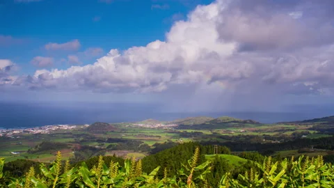 Up-hill view time lapse panoramic view of rural landscape with fluffy clouds Stock Footage 140350277
