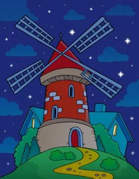 Hill with windmill at night - eps10 vector illustration. Stock Illustration
