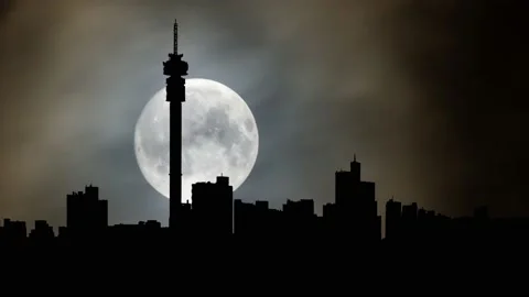 Hillbrow Tower: Time Lapse by Night with Full Moon - Johannesburg, South Africa Stock Footage 221775066