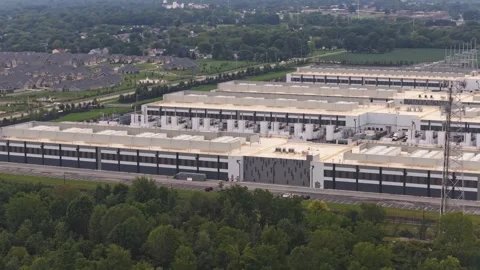 Hilliard, OH suburban data center complex amongst homes in Ohio drone Stock Footage 342277307