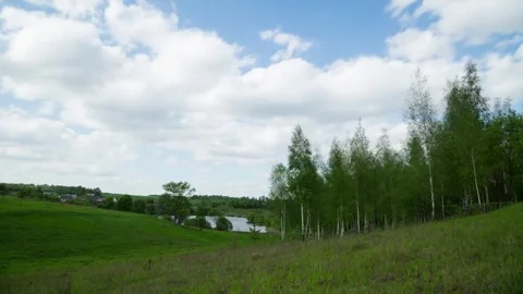 Hills, birches and a lake. Time laps landscape Stock Footage 80779301