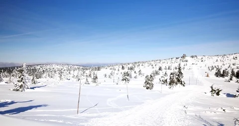 Hills covered in snow. Sunny, cold day in Sudety Mountains.  Stock Footage 88769641