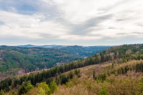 Hills with forest. Scenic panoramic landscape Stock Photos