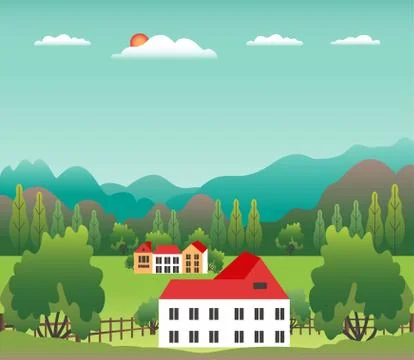 Hills landscape in flat style design. Valley background. Beautiful green fiel Stock Illustration
