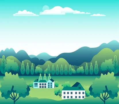 Hills landscape in flat style design. Valley background. Beautiful green fiel Stock Illustration
