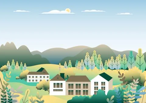Hills landscape in flat style design. Valley background. Beautiful green fiel Stock Illustration