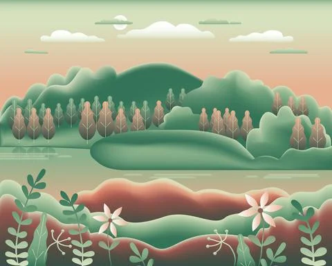 Hills landscape in flat style design. Beautiful field, meadow, mountains and  Stock Illustration