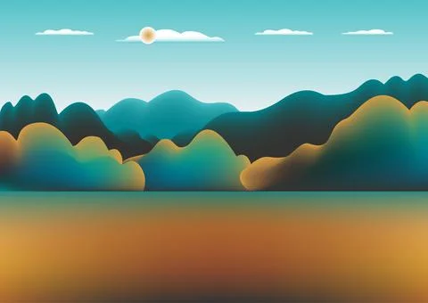 Hills, mountains landscape in flat style design. Beautiful field, sky, cloud  Illustration