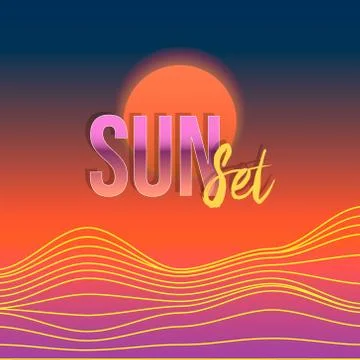 Hills wavy lines under the red sun and the inscription sunset Stock-Illustration
