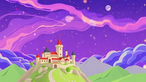 Hillside Castle Under a Starry Night Sky: A Fantasy Animated Scene Stock Footage 306826187