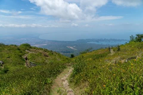 Hillside with flowers leading down to the View of Lake Nicaragua and the Granada Stock Photos