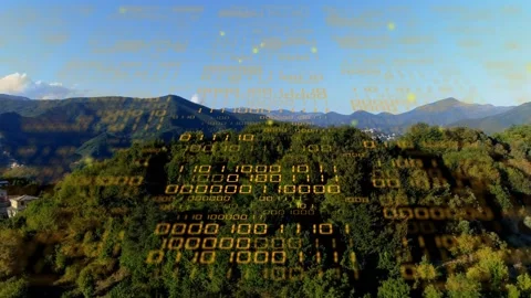 Hillside holo binary grid emerging during drone approach, overlay shifting Stock Footage 333602676