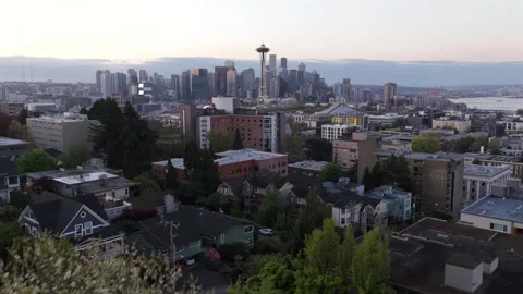 Hillside house rooftop and blooming spring trees frame distant Seattle skyline Stock Footage 338419434