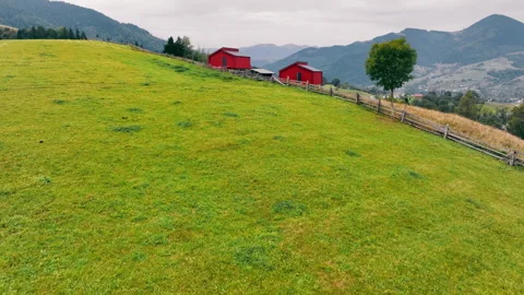 Hillside Landscape with two Red Chalet and Wooden Fence. A sprawling green Stock Footage 291387057