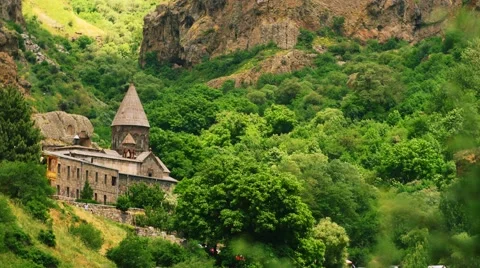 Hillside Monastry with Tourists Stock Footage 53232593