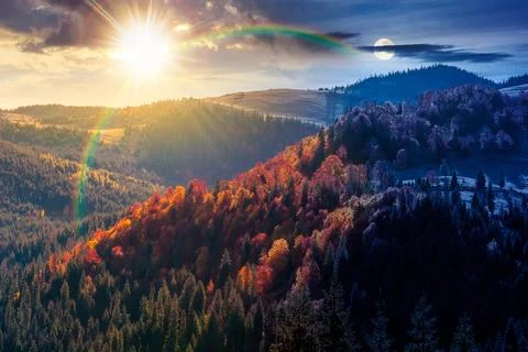 Hillside of mountain range with mixed forest and alpine meadow in autumn colo Stock Photos