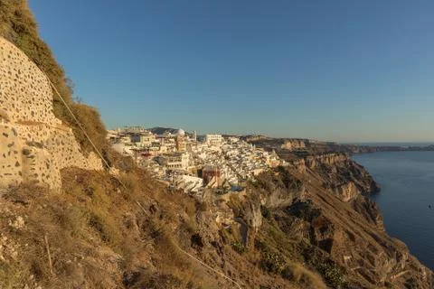 Hillside view from the cable car with sunset, Santorini, Greece. Stock Photos