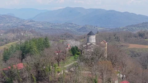 Hilltop Martvili Monastery Surrounded by Early Spring Forest Stock Footage 340384051