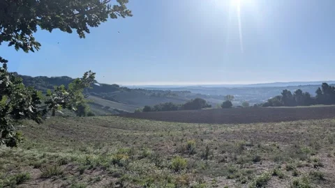 Hilly landscape backlit with the sun Vídeos de archivo 346604207