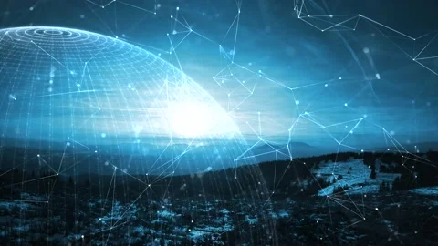 Hilly landscape with digital network sphere animation Stock Footage 231419965
