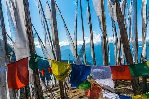Himalaya view thtrough flags Stock Photos