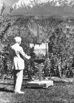 Himalayan Buddhist Hermit Artist Earl H. Brewster from Ohio, painting the horizo Stock Photos