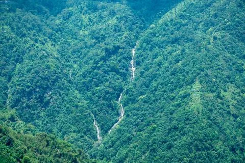 Himalayan mountain range covered with dense vegetation and with waterfall in Stock Photos