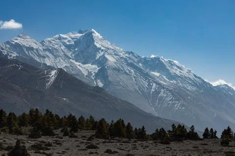 Himalayan mountain range, valley and snowcapped peaks Stock Photos