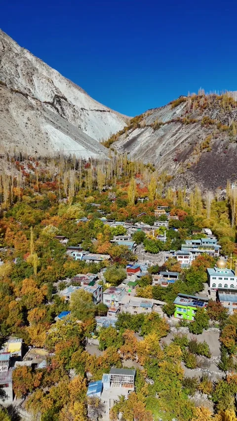 Himalayan village life in fall – vertical aerial drone from Kargil. Stock Footage 310664832