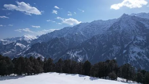 Himalayan winter cold snowfall white mountains frozen pine tree forests in .. Stock Photos