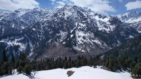 Himalayan winter cold snowfall white mountains frozen pine tree forests in .. Stock Photos