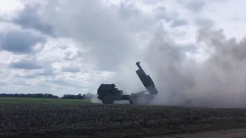 Himars multiple launch rocket system in Ukraine. Launch of combat missiles Stock Footage 218381116