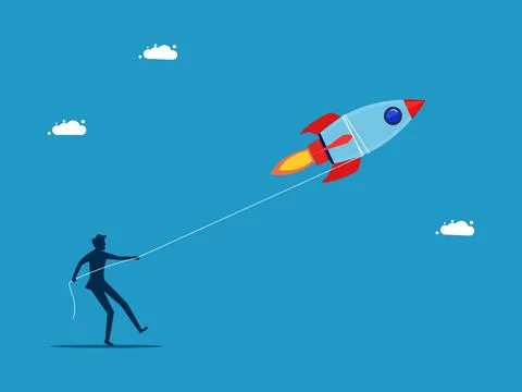 Hinder progress. Businessman using a rope to pull a rocket vector Illustrazione stock